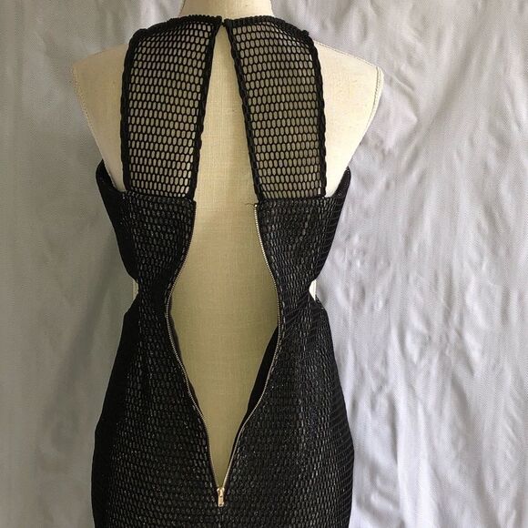 ELLIATT- Black Netting Over Metallic Silver Lining Dress, Cut Out Sides, Size M - Picture 10 of 14
